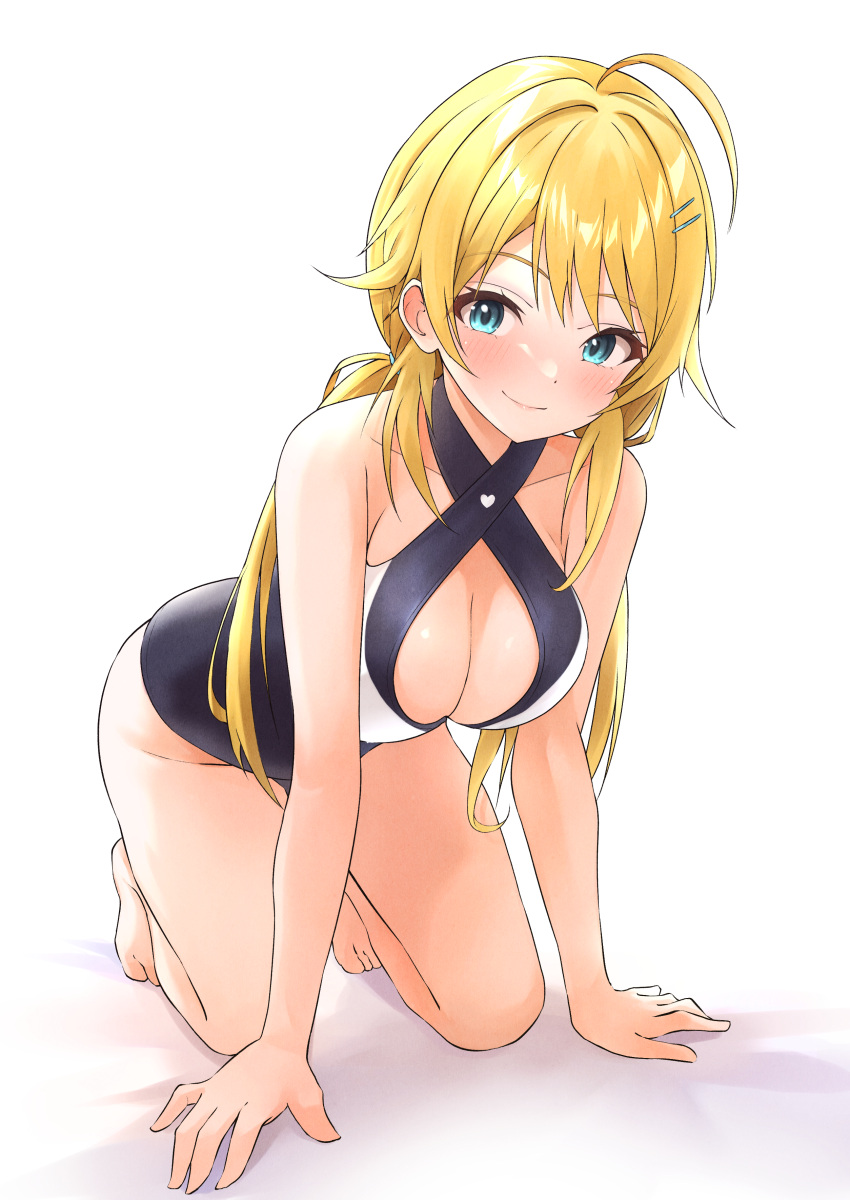 1girl absurdres ahoge b1ack_illust bare_legs bare_shoulders barefoot bikini black_one-piece_swimsuit blonde_hair blue_eyes blush breasts cleavage closed_mouth collarbone hachimiya_meguru hair_ornament hairclip highres idolmaster idolmaster_shiny_colors large_breasts long_hair looking_at_viewer low_twintails multicolored_clothes multicolored_swimsuit one-piece_swimsuit simple_background smile solo swimsuit twintails two-tone_swimsuit white_background white_one-piece_swimsuit
