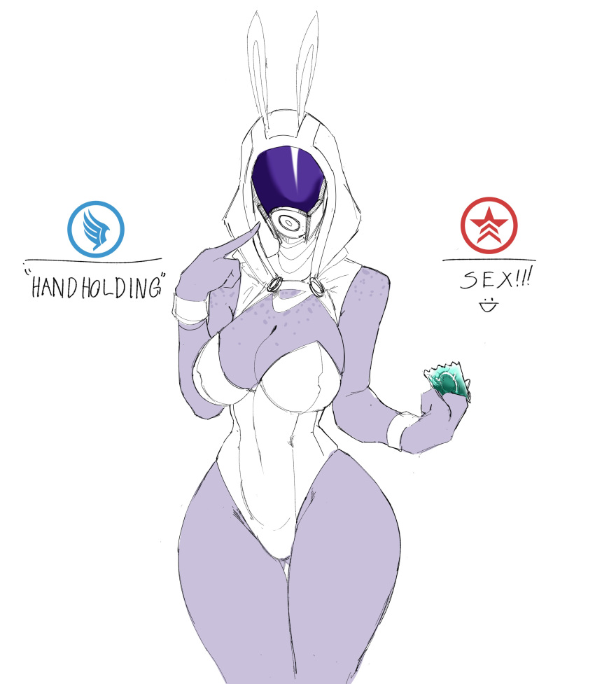 2023 3_fingers absurd_res alien alien_humanoid big_breasts biped breasts bunny_costume butt_from_the_front cleavage clothed clothing condom costume cuffs_(clothing) curvy_figure digital_drawing_(artwork) digital_media_(artwork) english_text fake_ears fake_rabbit_ears female fingers front_view fully_clothed gameplay_mechanics gesture hi_res holding_condom holding_object hood hourglass_figure humanoid leotard line_art mask mass_effect monotone_body monotone_skin not_furry partially_colored pointing pointing_at_self portrait purple_body purple_skin quarian seductive sexual_barrier_device simple_background skimpy solo spookyboi standing tali'zorah text thick_thighs thigh_gap three-quarter_portrait tight_clothing white_background wide_hips