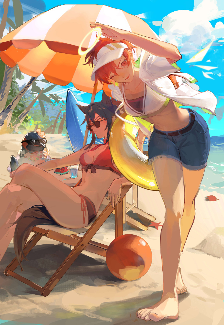 2girls ;d absurdres arknights bare_legs barefoot beach beach_umbrella bikini bird blue_sky cloud commentary_request day denim denim_shorts exusiai_(arknights) halo highres multiple_girls navel ocean one_eye_closed open_clothes open_mouth open_shirt outdoors palm_tree penguin red_bikini red_eyes red_hair shirt shorts sitting sky smile stomach sunglasses swimsuit tail tangguanguanguanguanguanguan texas_(arknights) the_emperor_(arknights) thighs tree umbrella visor_cap water white_bikini white_shirt wolf_tail