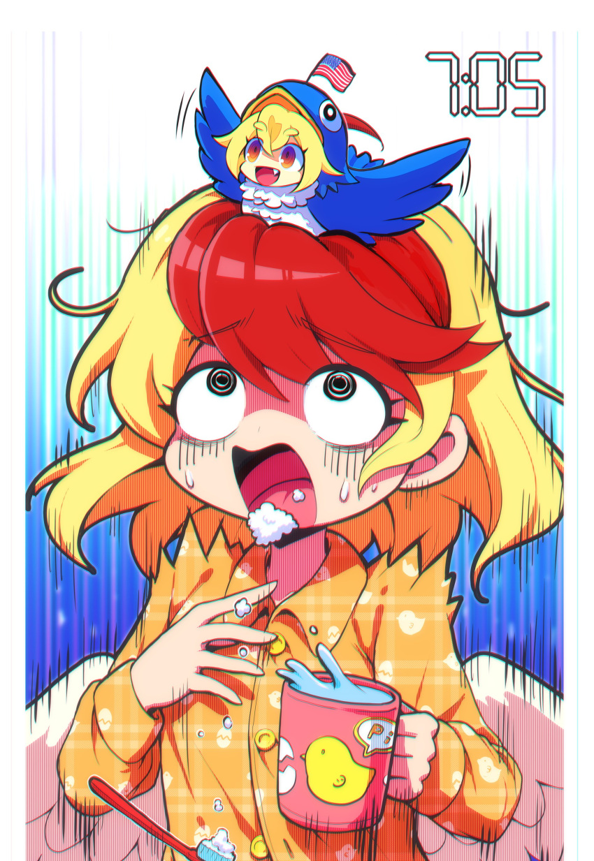 1girl absurdres animal_on_head bird bird_on_head blonde_hair clownpiece cup highres holding holding_cup looking_up multicolored_hair niwatari_kutaka on_head open_mouth ranka_(tonbo) red_eyes time_paradox timestamp touhou two-tone_hair