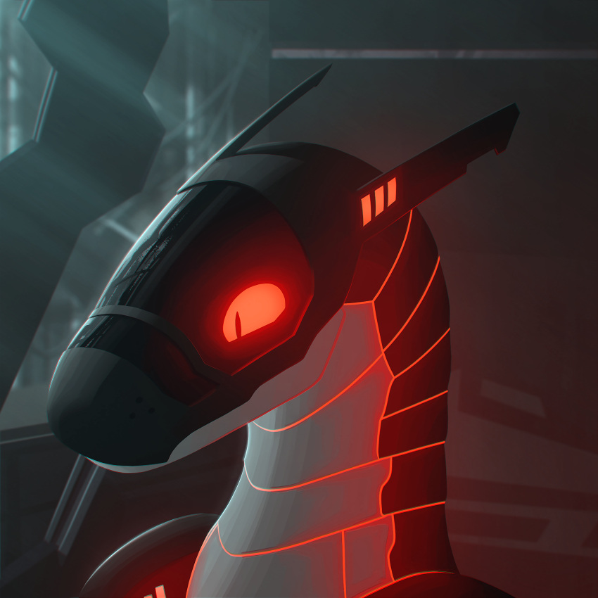 anthro black_body fleisher(roifantome) front_view grey_background grey_body hi_res laboratory machine male metal metallic_body red_eyes red_light robot simple_background solo synth_(vader-san) synthpara