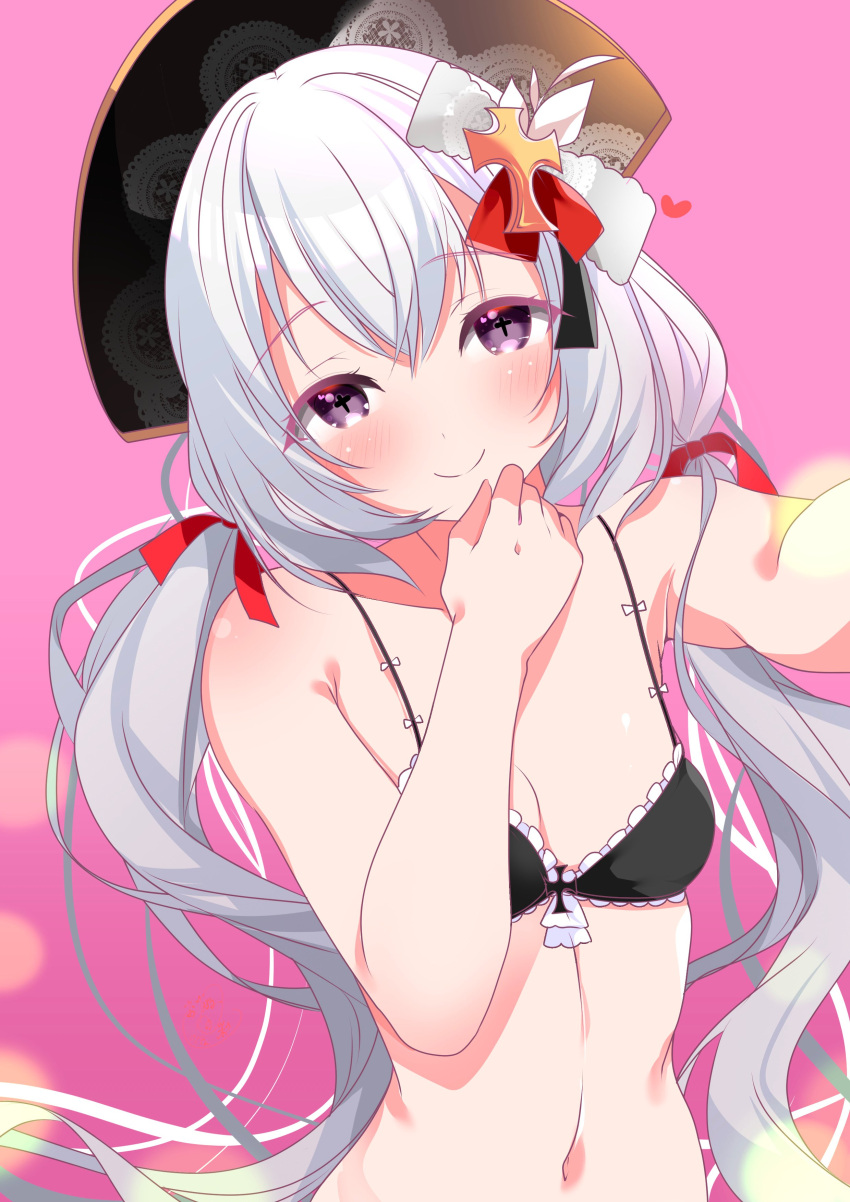 +_+ 1girl absurdres azur_lane bare_shoulders black_bra black_headwear bra breasts closed_mouth commentary_request cross cross-shaped_pupils cross_hair_ornament flandre_(azur_lane) frilled_bra frills grey_hair hair_between_eyes hair_ornament hair_ribbon hand_on_own_chin hat heart highres lingerie long_hair looking_at_viewer low_twintails navel origami_aya pink_background purple_eyes reaching reaching_towards_viewer red_ribbon ribbon selfie small_breasts smile solo stomach symbol-shaped_pupils twintails underwear upper_body white_hair