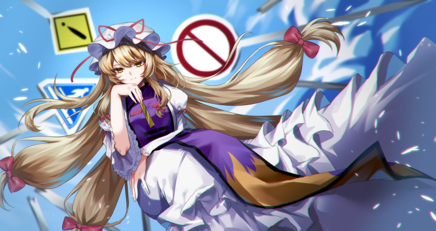 1girl blonde_hair bow closed_mouth day dress hair_bow hat hat_ribbon highres juliet_sleeves long_hair long_sleeves looking_at_viewer maguri_rei mob_cap no_entry_sign puffy_sleeves red_bow red_ribbon ribbon road_sign sidelocks sign solo tabard touhou warning_sign white_dress white_headwear wide_sleeves yakumo_yukari yellow_eyes