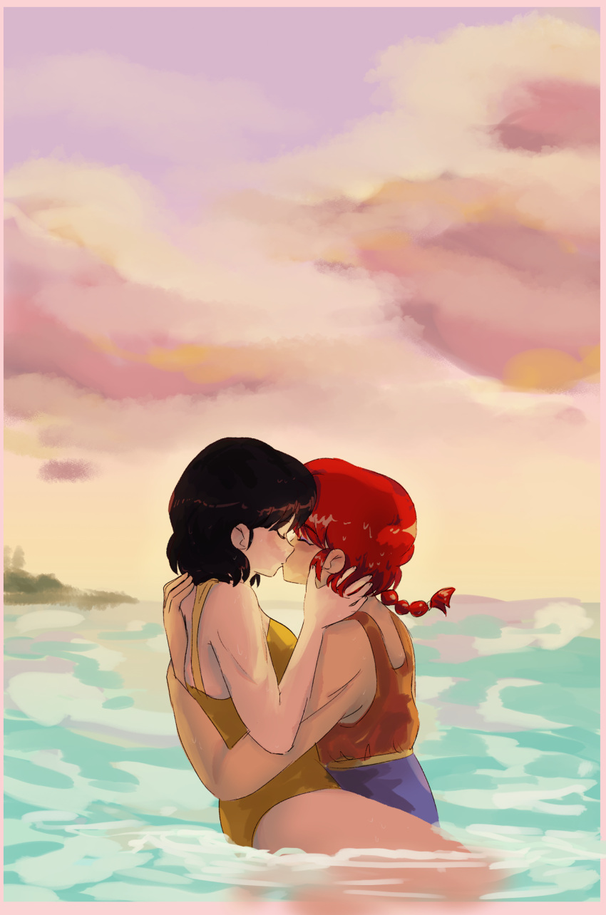 2girls closed_eyes cloud cloudy_sky commentary commission english_commentary evening highres kiss multiple_girls ocean one-piece_swimsuit outdoors pink_sky plushkaiju ranma-chan ranma_1/2 red_hair short_hair sky swimsuit tendou_akane water yellow_one-piece_swimsuit yuri