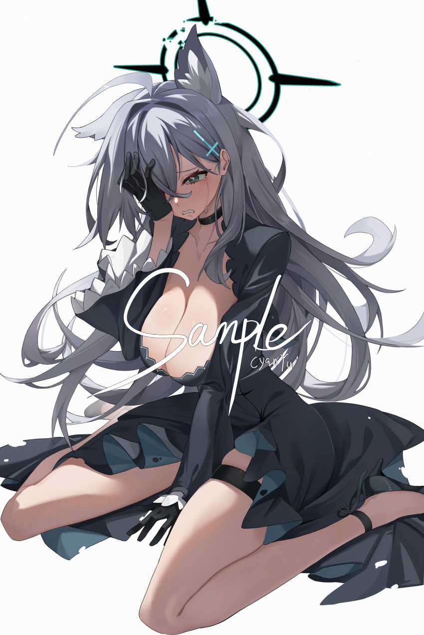 1girl absurdres ahoge animal_ear_fluff animal_ears black_choker black_dress black_footwear black_gloves blue_archive blush breasts choker cleavage crossed_bangs crying cyan_yu dress gloves grey_hair hair_between_eyes halo hand_on_own_face highres large_breasts long_hair long_sleeves sample_watermark shiroko_(blue_archive) shiroko_(terror)_(blue_archive) simple_background sitting solo tears thigh_strap very_long_hair white_background wide_sleeves