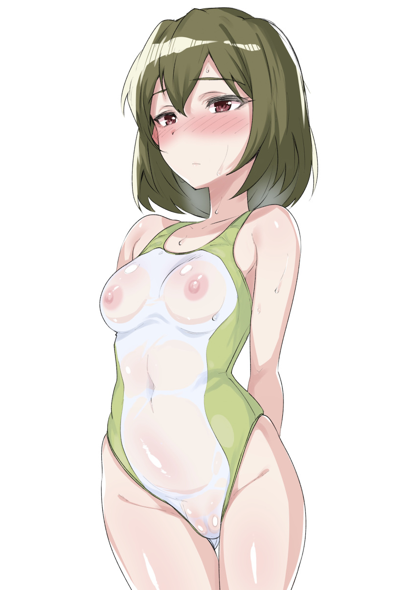 1girl absurdres arms_behind_back blush breasts brown_hair commentary_request competition_swimsuit covered_navel echihiro highres idolmaster idolmaster_million_live! medium_breasts nagayoshi_subaru nipples one-piece_swimsuit red_eyes see-through see-through_swimsuit short_hair simple_background solo swimsuit wet wet_clothes wet_swimsuit white_background