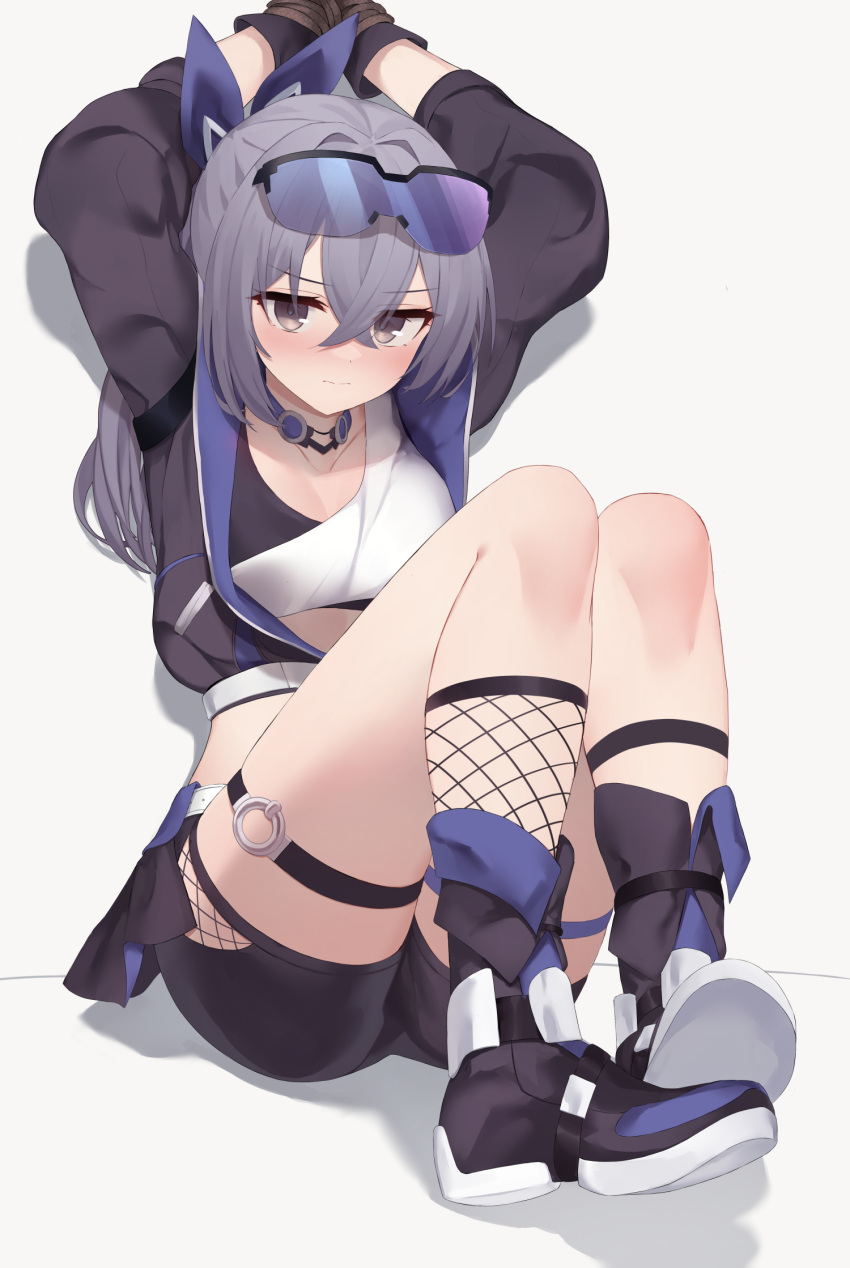 1girl arms_up ayaya_(ayaya_ri) black_gloves black_jacket black_shorts black_sports_bra boots bound bound_wrists breasts closed_mouth crossed_bangs eyewear_on_head fishnet_socks fishnets full_body gloves gradient-tinted_eyewear grey_background grey_eyes grey_hair hair_between_eyes highres honkai:_star_rail honkai_(series) jacket knees_up legs legs_together long_hair looking_at_viewer open_clothes open_jacket paid_reward_available ponytail purple-tinted_eyewear shadow shirt short_shorts shorts silver_wolf_(honkai:_star_rail) simple_background single-shoulder_shirt socks solo sports_bra thigh_strap thighs tinted_eyewear