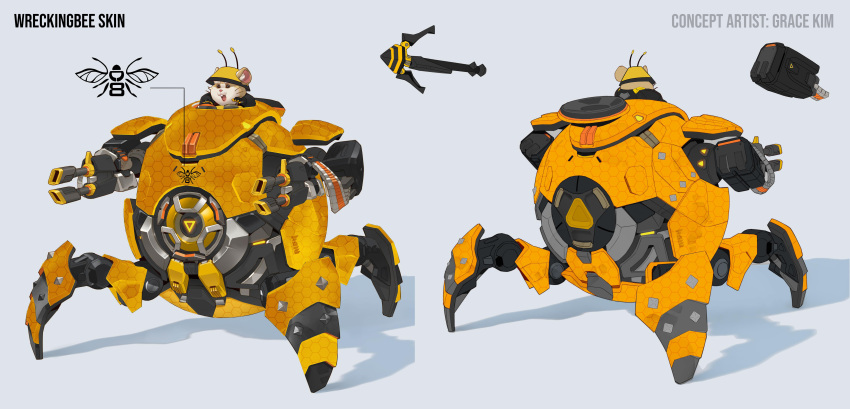 1boy absurdres animal antennae artist_name bee bug concept_art english_commentary grace_kim grapple gun hamster helmet highres machine_gun male_focus mecha motor_vehicle official_alternate_costume official_art open_mouth overwatch overwatch_2 robot second-party_source simple_background solo weapon wrecking_ball_(overwatch) yellow_headwear