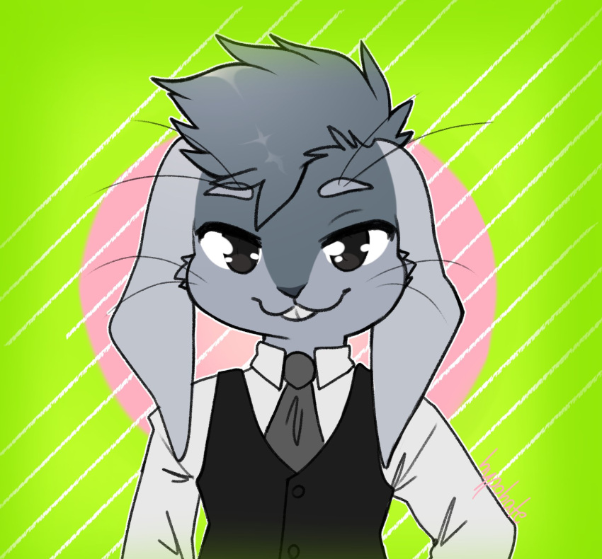 ambiguous_gender anthro clothed clothing digital_media_(artwork) domestic_rabbit floppy_ears fur hair hi_res humanoid hypohate lagomorph leporid looking_at_viewer lop_ears lop_rabbit male mammal necktie oryctolagus ourobunny rabbit shirt simple_background smile solo suit topwear