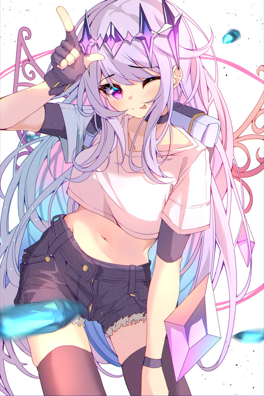 1girl ;p absurdres backpack bag black_shorts black_thighhighs black_wristband blue_hair collarbone crop_top fingerless_gloves gem gloves gradient_hair grey_hair hand_up headpiece highres hololive koseki_bijou long_hair multicolored_hair navel one_eye_closed purple_eyes purple_gemstone purple_hair shirt shorts solo the0neulost thighhighs tongue tongue_out white_shirt