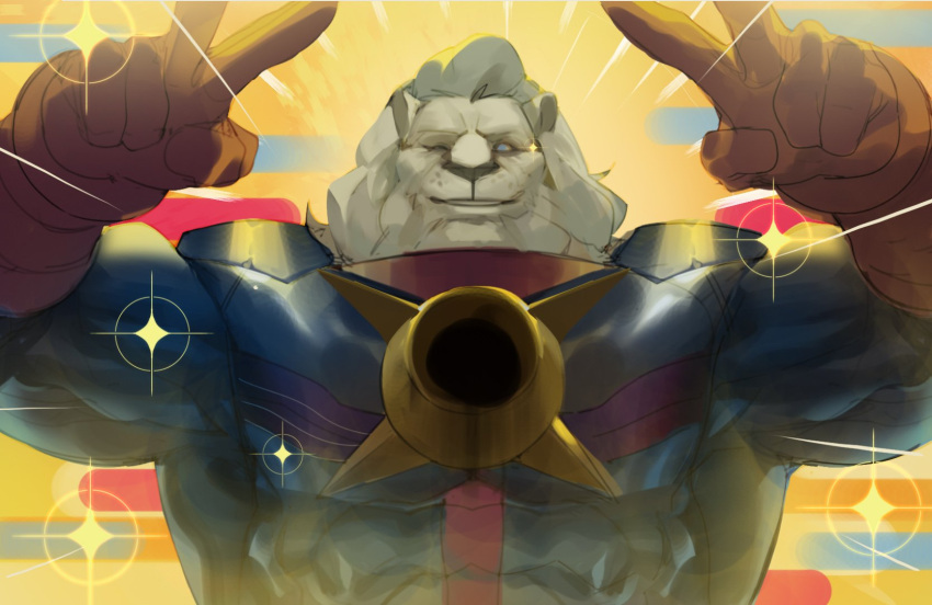 1boy animal_head bad_id bad_twitter_id bara blue_bodysuit bodysuit double_v driedwarek emotional_engine_-_full_drive fate/grand_order fate_(series) furry furry_male hands_up highres large_pectorals lion_boy looking_at_viewer male_focus medium_hair muscular muscular_male one_eye_closed parody pectorals smile solo spandex sparkle sunburst sunburst_background thomas_edison_(fate) upper_body v white_hair yellow_background
