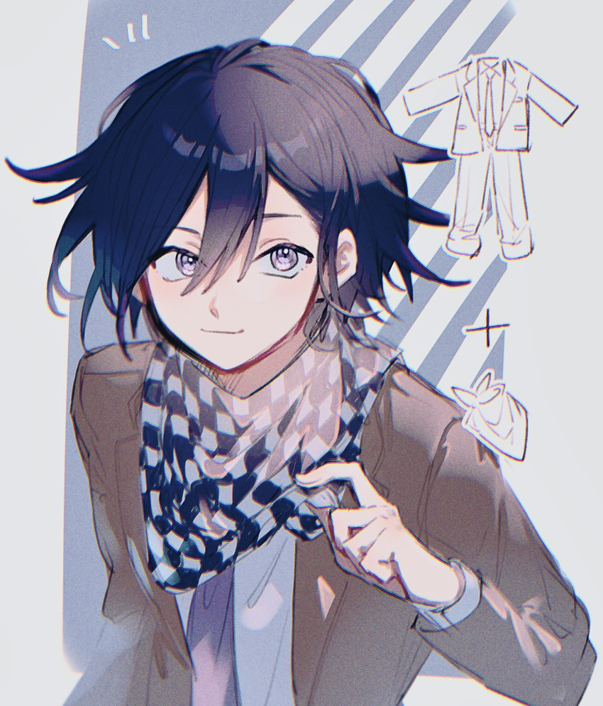 1boy alternate_costume black_hair checkered_clothes checkered_scarf closed_mouth danganronpa_(series) danganronpa_v3:_killing_harmony hair_between_eyes highres jacket light_smile looking_up male_focus necktie oma_kokichi open_clothes open_jacket purple_eyes purple_hair ringed_eyes scarf shirt short_hair simple_background sketch solo upper_body wavy_hair white_shirt ze_ro_saiji