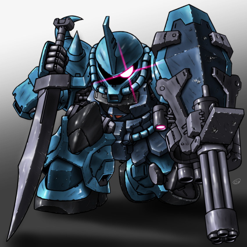 absurdres bullet_hole gatling_gun glowing glowing_eye gouf_custom gradient_background gundam gundam_08th_ms_team highres holding holding_sword holding_weapon horns looking_at_viewer mecha mobile_suit no_humans on_one_knee one-eyed red_eyes robot science_fiction sd_gundam shield shoulder_spikes single_horn solo spikes sword weapon yatta070622