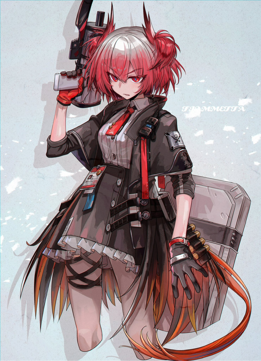 1girl ammunition_belt arknights black_gloves black_skirt character_name crossed_legs feather_trim fiammetta_(arknights) gloves gun highres holding holding_gun holding_weapon matsuba_(mtbsbr721) necktie red_eyes red_necktie ribbed_shirt shirt skirt weapon