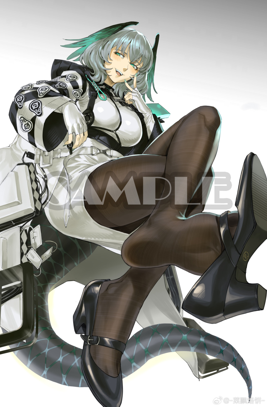 1girl :d absurdres arknights black_footwear black_pantyhose black_tail blush breasts coat crossed_legs dress feet finger_to_face fingerless_gloves foot_focus from_below full_body gloves gradient_background green_eyes green_nails grey_background grey_hair head_wings high_heels highres ho'olheyak_(arknights) invisible_chair inward_v large_breasts long_coat long_sleeves looking_to_the_side medium_hair open_clothes open_coat pantyhose pencil_dress ruukii_drift sample_watermark shoe_dangle short_dress sitting smile snake_tail solo tail teeth upper_teeth_only white_background white_coat white_dress white_gloves wings