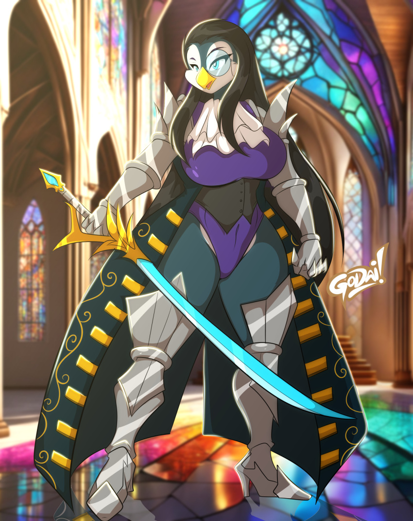 anthro armor ascot avian bird black_hair blue_eyes boots clothing coat corset eyewear famwammer female footwear gauntlets gloves greaves hair handwear hi_res kage_(famwammer) legwear leotard lingerie mastergodai melee_weapon monocle penguin slicked_back_hair solo stained_glass surcoat sword thigh_boots thigh_highs topwear trenchcoat weapon