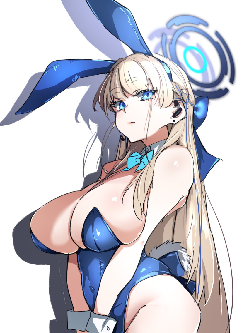 1girl alternate_breast_size animal_ears blonde_hair blue_archive blue_eyes blue_leotard bow bowtie breasts detached_collar fake_animal_ears halo highres huge_breasts leotard long_hair looking_at_viewer official_alternate_costume playboy_bunny rabbit_ears ri_o_ne_su solo strapless strapless_leotard thighs toki_(blue_archive) toki_(bunny)_(blue_archive) very_long_hair wrist_cuffs