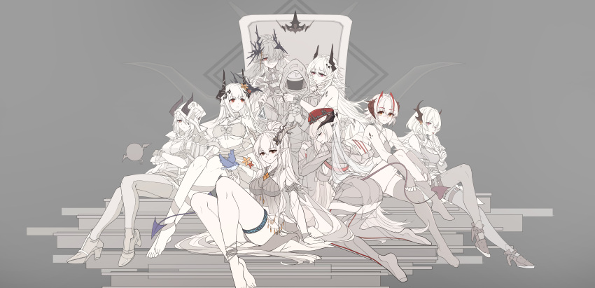 1other 6+girls absurdres arknights breasts character_request cleavage crown demon_girl demon_horns demon_tail doctor_(arknights) el'shula_(arknights) floating_crown food harem highres holding holding_food holding_popsicle horns hug jueduihuoli logos_mother_(arknights) mudrock_(arknights) mudrock_(silent_night)_(arknights) multiple_girls oripathy_lesion_(arknights) popsicle shining_(arknights) shining_(silent_night)_(arknights) sitting surtr_(arknights) tail theresa_(arknights) throne throne_room w_(arknights)