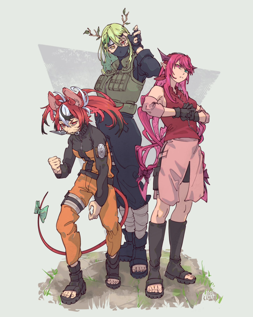 2girls 3girls animal_ears antlers bare_shoulders black_hair blue_eyes branch ceres_fauna cosplay fingerless_gloves forehead_protector gloves green_hair hair_ornament hakos_baelz haruno_sakura haruno_sakura_(cosplay) hatake_kakashi hatake_kakashi_(cosplay) headband heterochromia highres hololive hololive_english horns irys_(hololive) jacket kunai long_hair looking_at_viewer mask mouse_ears mouse_girl mouse_tail multicolored_hair multiple_girls naruto naruto_(series) naruto_shippuuden orange_jacket orange_pants pants pointy_ears purple_eyes purple_hair red_hair seo_rez streaked_hair tail twintails uzumaki_naruto uzumaki_naruto_(cosplay) very_long_hair virtual_youtuber weapon white_hair yellow_eyes