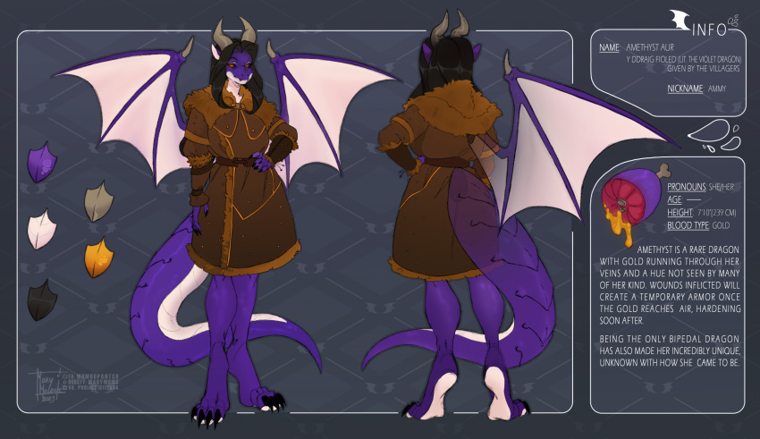 2023 amethyst_aur anthro black_hair black_sclera claws clothing coat dragon female front_view fur_lined_clothing gold_blood hair hi_res horn information_box light_armor model_sheet momhopantsu purple_body purple_scales rear_view scales signature solo spread_wings tail tall thick_tail topwear wings yellow_eyes