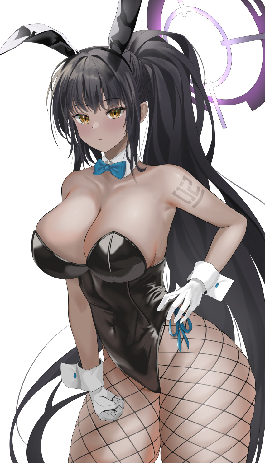 1girl absurdres animal_ears aqua_bow aqua_bowtie arm_tattoo bare_shoulders black_hair black_leotard blue_archive bow bowtie breasts cleavage collarbone covered_navel dark-skinned_female dark_skin detached_collar dlnk fake_animal_ears fishnet_pantyhose fishnets gloves halo hand_on_own_hip highres karin_(blue_archive) karin_(bunny)_(blue_archive) large_breasts leotard long_hair looking_at_viewer number_tattoo official_alternate_costume pantyhose playboy_bunny ponytail rabbit_ears solo strapless strapless_leotard tattoo very_long_hair white_gloves