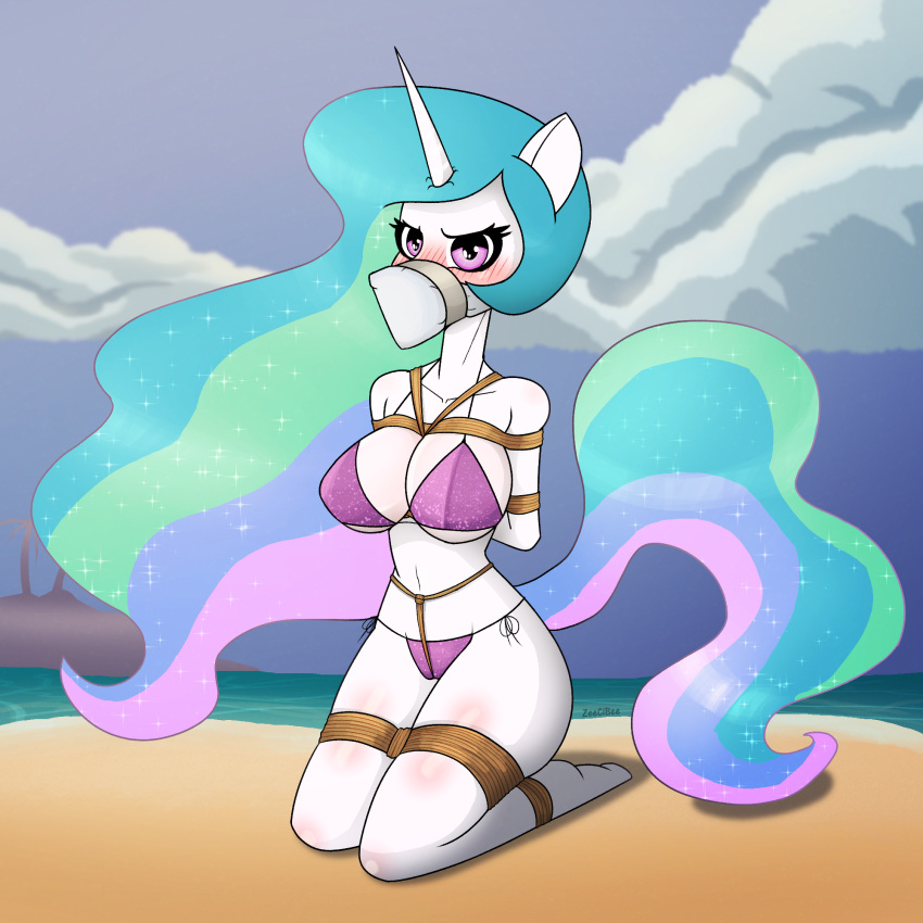 anthro bdsm beach big_breasts bikini blush bondage bound breasts clothing crotch_rope equid equine female friendship_is_magic gag gagged hasbro hi_res horn huge_breasts kneeling looking_at_viewer mammal my_little_pony no_wings otm_gag palm_tree plant princess_celestia_(mlp) restraints rope rope_bondage seaside side-tie_bikini solo string_bikini swimwear tape tape_gag tree winged_unicorn wings zeecibee