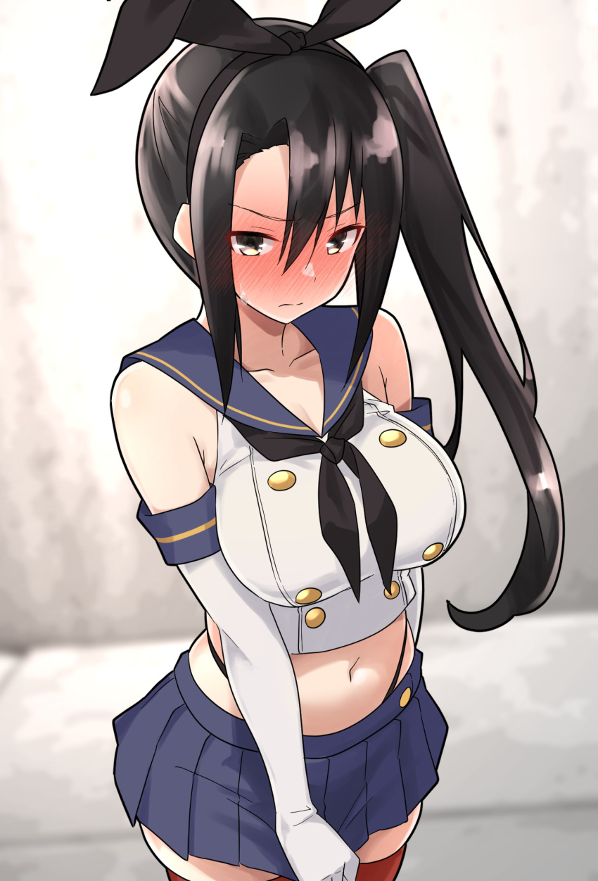 1girl black_hair black_hairband black_neckerchief black_panties blue_sailor_collar blue_skirt breasts cosplay crop_top elbow_gloves embarrassed furaggu_(frag_0416) gloves hair_between_eyes hairband highleg highleg_panties highres kantai_collection large_breasts long_hair midriff miniskirt nachi_(kancolle) navel neckerchief panties pleated_skirt sailor_collar shimakaze_(kancolle) shimakaze_(kancolle)_(cosplay) side_ponytail sidelocks skirt solo standing striped striped_thighhighs thighhighs thong underwear very_long_hair white_gloves