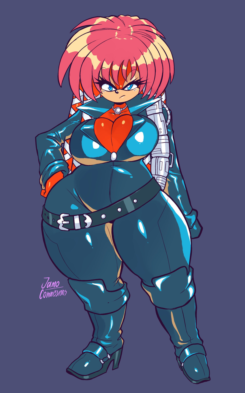 2023 absurd_res anthro archie_comics big_breasts black_background black_bodysuit black_boots black_clothing black_footwear black_leather blue_eyes bodysuit boots breasts cleavage clothed clothing cybernetics echidna female footwear fur hair half-closed_eyes hi_res high_heeled_boots high_heels jamoart jewelry leather leather_clothing lien-da machine mammal monotreme narrowed_eyes necklace pink_hair red_body red_fur sega simple_background skinsuit solo sonic_the_hedgehog_(archie) sonic_the_hedgehog_(comics) sonic_the_hedgehog_(series) standing thick_thighs tight_clothing wide_hips