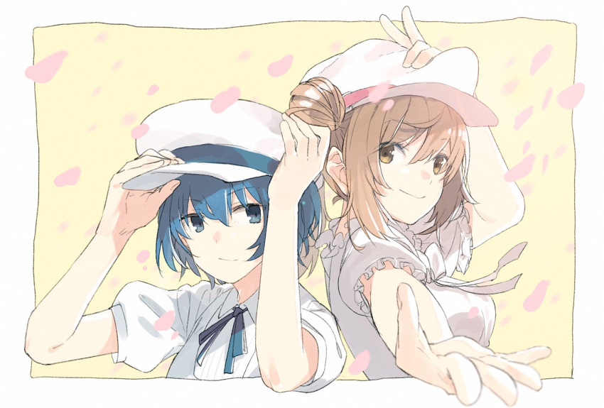 2girls arm_up arms_up back-to-back blue_eyes blue_hair blue_ribbon border brown_eyes brown_hair cevio closed_mouth collared_shirt commentary_request dress falling_petals foreshortening frilled_sleeves frills hair_bun hand_on_headwear hitogome looking_at_viewer medium_hair multiple_girls neck_ribbon outside_border outstretched_hand petals pinafore_dress puffy_short_sleeves puffy_sleeves reaching_towards_viewer ribbed_shirt ribbon satou_sasara shirt short_hair short_sleeves side_ponytail simple_background single_side_bun sleeveless sleeveless_dress smile smirk suzuki_tsudumi upper_body v white_border white_dress white_headwear white_ribbon yellow_background