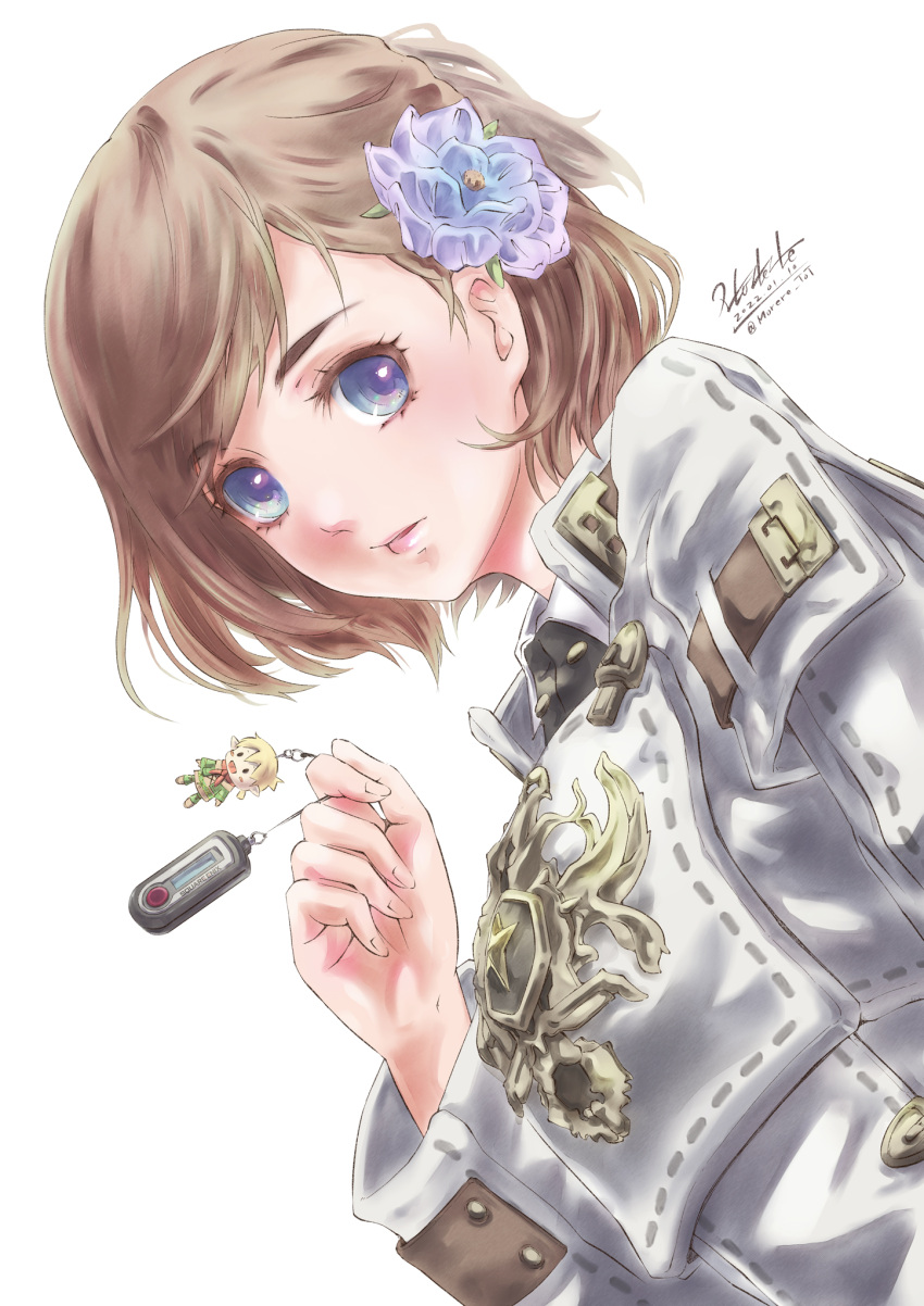1girl 2022 adventurer_(ff11) artist_name blue_eyes blue_flower brown_hair charm_(object) commentary_request dated final_fantasy final_fantasy_xi flower hair_flower hair_ornament hand_up highres hume long_sleeves morere multicolored_eyes multicolored_flower open_mouth pink_lips purple_eyes purple_flower security_token short_hair signature simple_background solo swept_bangs tarutaru twitter_username white_background