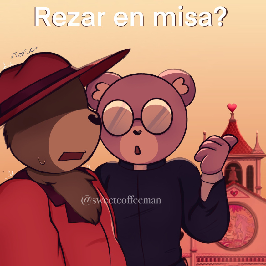 2023 anthro bear biped blush brown_body church clothing duo eyewear glasses hat headgear headwear hi_res mammal padre_(unicorn_wars) purple_body sargento_caricias shirt spanish_text text topwear unicorn_wars yagamikuro67