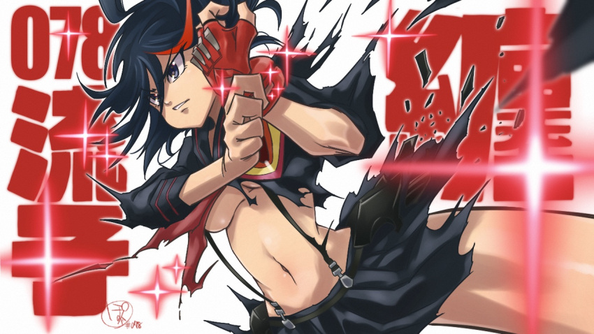 1girl adjusting_clothes adjusting_gloves ahoge artist_name black_hair black_sailor_collar black_shirt black_skirt blue_eyes character_name closed_mouth commentary cropped_shirt diffraction_spikes dutch_angle frown gloves kill_la_kill looking_to_the_side matoi_ryuuko midriff miniskirt multicolored_hair navel neckerchief pleated_skirt pomita red_gloves red_hair red_neckerchief sailor_collar school_uniform senketsu serafuku shirt short_hair signature single_glove skirt solo standing streaked_hair suspender_skirt suspenders text_background torn_clothes torn_shirt torn_skirt translated two-tone_hair uniform white_background