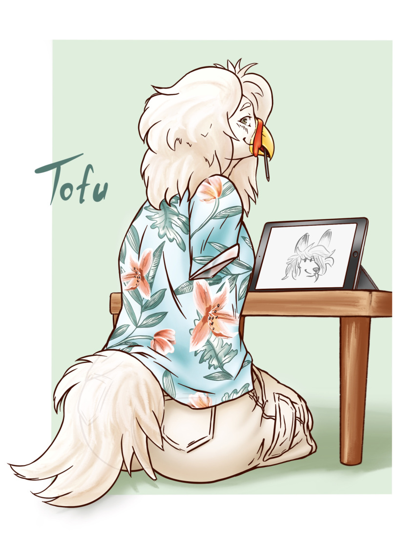 absurd_res aloha_shirt amputee anthro armless avian beak bird bottomwear cargo_shorts chicken clothed clothing disability drawing_tablet galliform gallus_(genus) hi_res legless male pattern_clothing pattern_shirt pattern_topwear phasianid quadruple_amputee shirt shorts sitting sitting_on_ground smile solo tofu3925 topwear