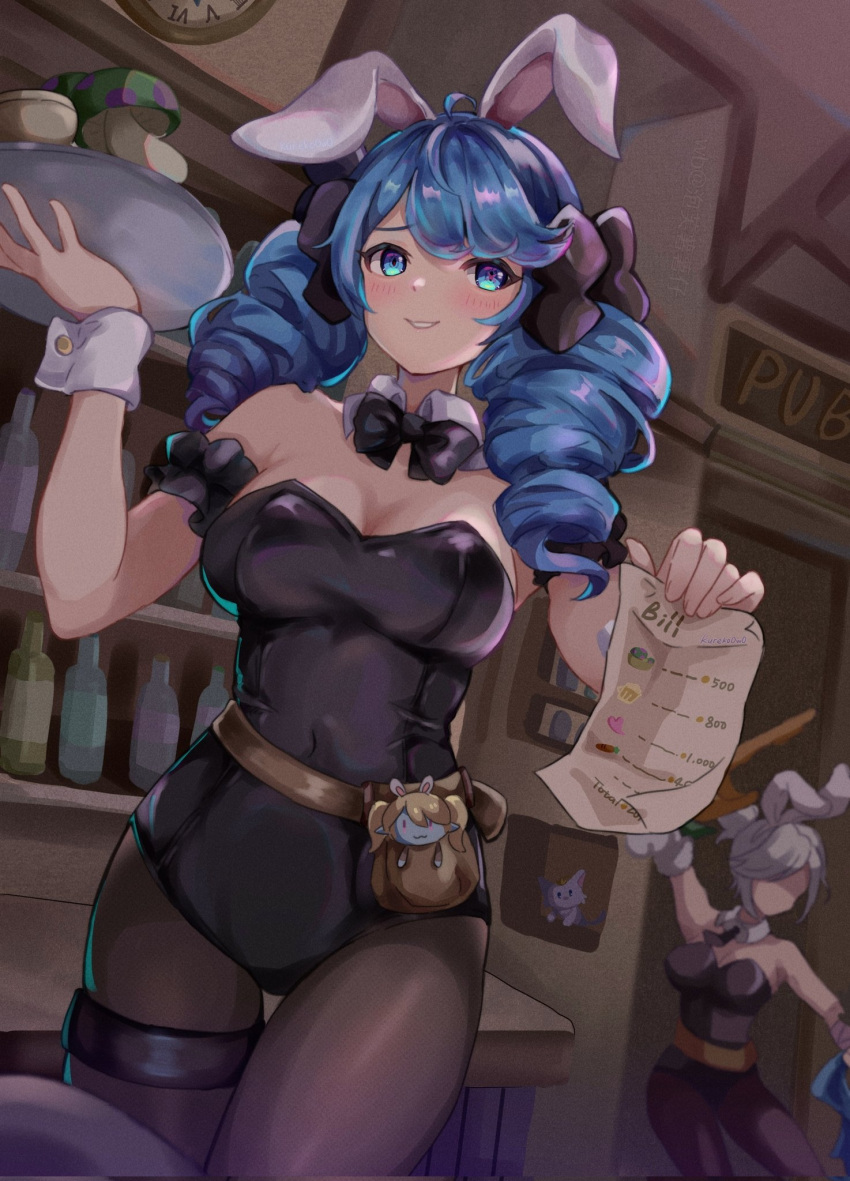 2girls alternate_costume animal animal_ears bare_shoulders battle_bunny_riven black_bow black_bowtie black_leotard blue_hair bow bowtie breasts brown_pantyhose cat cleavage covered_navel cowboy_shot detached_collar drill_hair fake_animal_ears grey_hair gwen_(league_of_legends) highres holding holding_bill holding_plate holding_tray holding_weapon kureko0w0 large_breasts league_of_legends leotard multiple_girls mushroom official_alternate_costume pantyhose plate poppy_(league_of_legends) pouch rabbit_ears riven_(league_of_legends) short_hair tray twin_drills twintails weapon wrist_cuffs yuumi_(league_of_legends)