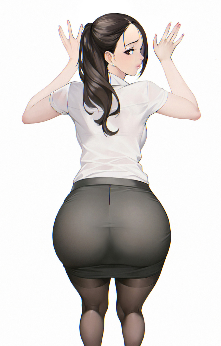 1girl ass blush bobobong breasts brown_eyes brown_hair closed_mouth commentary earrings fingernails hands_up highres invisible_wall jewelry lips long_hair miniskirt office_lady original pantyhose pencil_skirt ponytail short_sleeves simple_background skin_tight skirt small_breasts solo white_background