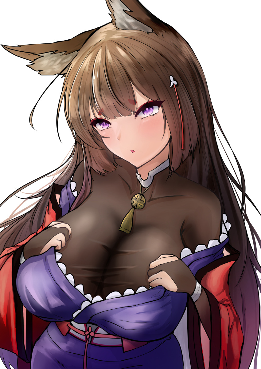 1girl absurdres amagi_(azur_lane) animal_ears azur_lane blush bodystocking breasts brown_hair coat fox_ears fox_girl from_above hair_between_eyes hair_ornament hairpin hands_on_own_chest hands_up haori head_tilt highres jacket_pull japanese_clothes kimono kimono_pull kitsune large_breasts long_hair long_sleeves looking_at_viewer off_shoulder open_mouth pulled_by_self purple_eyes purple_kimono red_coat sakura_empire_(emblem) simple_background solo very_long_hair white_background wide_sleeves yukkurimikan