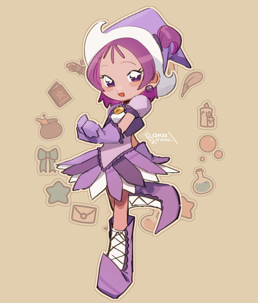 1girl absurdres akairosu book boots bubble cauldron commentary dress earrings english_commentary envelope feathers flask full_body gloves hat highres jewelry knee_boots looking_at_viewer magical_girl ojamajo_doremi one_side_up open_mouth pointy_footwear purple_dress purple_eyes purple_footwear purple_gloves purple_hair purple_headwear ribbon segawa_onpu smile solo standing standing_on_one_leg star_(symbol) witch_hat