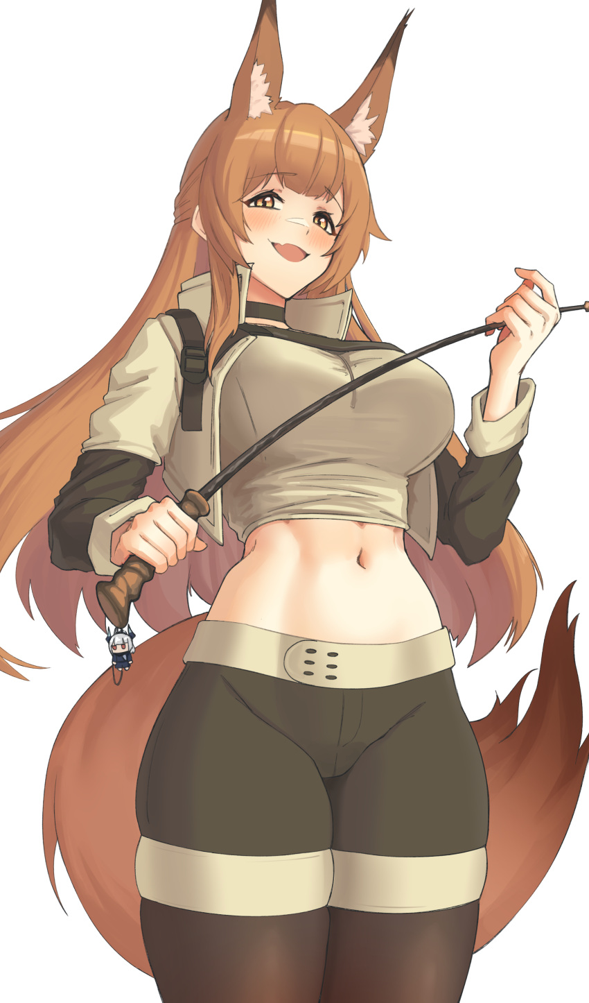 1girl absurdres animal_ears arknights black_choker black_shorts black_thighhighs breasts brown_eyes brown_hair choker commentary_request cowboy_shot crop_top cropped_jacket fox_ears fox_tail franka_(arknights) franka_(rainforest_me_rainbow)_(arknights) grey_shirt highres holding jacket keychain large_breasts liskarm_(arknights) long_hair long_sleeves looking_at_viewer midriff navel official_alternate_costume open_clothes open_jacket pantyhose radioneet riding_crop shirt short_shorts shorts skindentation solo standing stomach tail thighhighs thighhighs_over_pantyhose very_long_hair