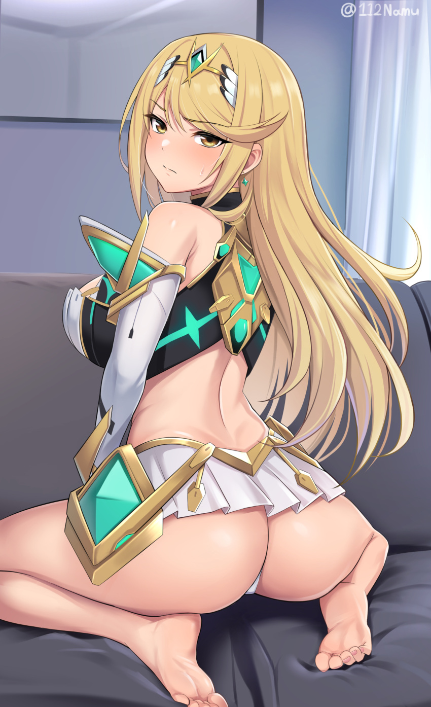 1girl adapted_costume armor armpit_crease ass bare_shoulders barefoot blonde_hair breasts closed_mouth couch crop_top drop_earrings earrings elbow_gloves english_commentary feet from_behind gloves highres indoors jewelry large_breasts legs long_hair microskirt mythra_(xenoblade) namu_(112namu) on_couch panties pleated_skirt sitting skirt soles solo swept_bangs tiara toe_scrunch toenails toes twitter_username underwear wariza white_gloves white_panties white_skirt xenoblade_chronicles_(series) xenoblade_chronicles_2 yellow_eyes