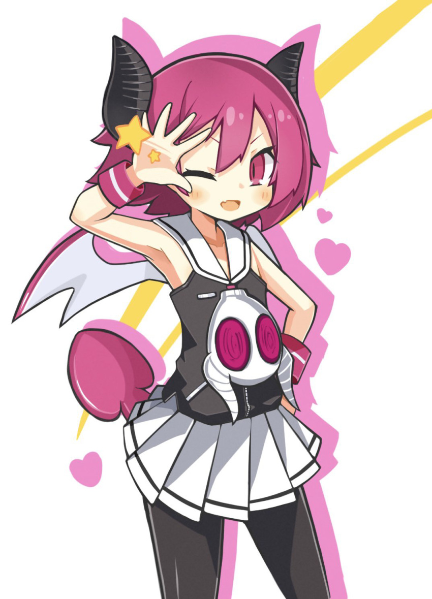 1girl ;d black_horns black_pantyhose black_shirt blush cowboy_shot demon_tail demon_wings disgaea flat_chest hand_on_own_hip heart highres horns legs_apart looking_at_viewer makai_senki_disgaea_3 one_eye_closed pantyhose pink_eyes pink_hair pleated_skirt raspberyl sailor_collar school_uniform serafuku shirt short_hair simple_background skirt slit_pupils smile solo standing star_(symbol) suaman tail white_background white_sailor_collar white_skirt wings wrist_cuffs