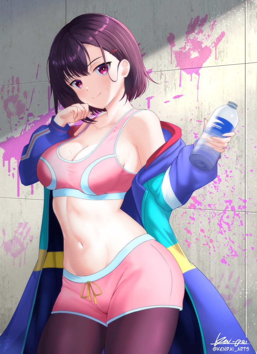 1girl blue_jacket bottle breasts closed_mouth collarbone english_commentary green_jacket hair_ornament hairclip hands_up highres holding holding_bottle jacket ken-pai_(kenpai_arts) leggings leggings_under_shorts long_hair long_sleeves medium_breasts mikazuki_shizuka multicolored_clothes multicolored_jacket navel off_shoulder open_clothes open_jacket paid_reward_available paint_splatter pink_eyes pink_shorts pink_sports_bra purple_hair purple_leggings red_jacket short_hair shorts signature smile solo sports_bra twitter_username variant_set yellow_jacket zom_100:_zombie_ni_naru_made_ni_shitai_100_no_koto