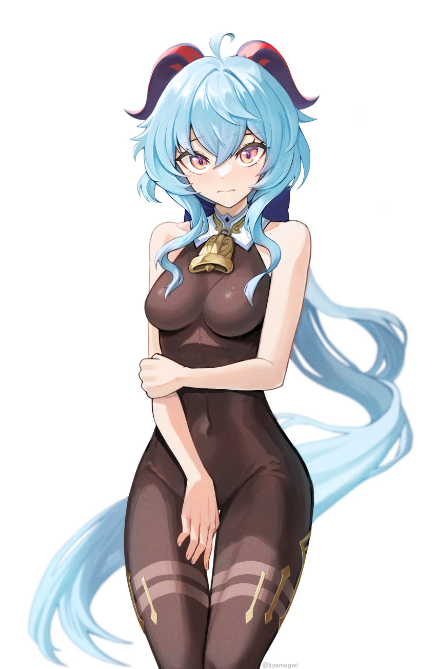 1girl absurdres ahoge artist_name bare_arms bare_shoulders bell blue_hair blush bodystocking bodysuit bow breasts covered_navel covering_crotch covering_privates ganyu_(genshin_impact) genshin_impact groin highres horns kyamagwi long_hair low_ponytail medium_breasts neck_bell no_gloves purple_eyes sidelocks sleeveless solo standing thigh_gap thighlet thighs twitter_username wavy_mouth white_background