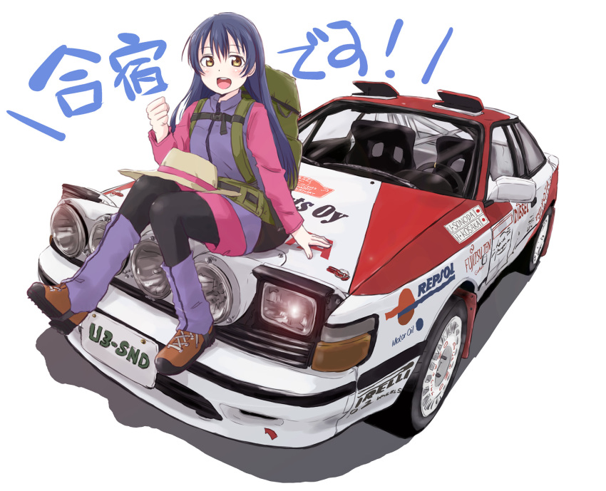 black_pantyhose blue_hair brown_eyes car clenched_hand dark_blue_hair hat hat_removed headwear_removed highres jacket leg_warmers love_live! love_live!_school_idol_project maruyo motor_vehicle on_vehicle pantyhose purple_jacket purple_leg_warmers race_vehicle racecar rally_car sitting smile sonoda_umi straw_hat toyota toyota_celica toyota_celica_t160 translation_request vehicle_focus world_rally_championship