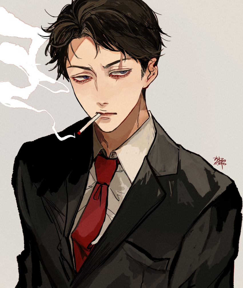 1boy black_jacket brown_hair cigarette closed_mouth collared_shirt formal grey_background highres jacket kagoya1219 looking_at_viewer male_focus necktie original purple_eyes red_necktie shirt short_hair signature simple_background smoke smoking solo upper_body very_short_hair white_shirt