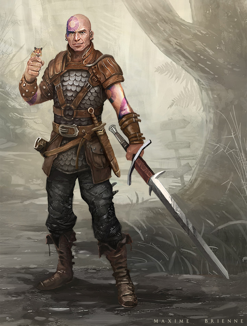 1boy absurdres arm_tattoo armor artist_name bald baldur's_gate belt boo_(baldur's_gate) bracer brown_footwear earrings english_text hamster hand_up head_tattoo highres holding holding_sword holding_weapon jewelry knife looking_at_viewer male_focus maxime_brienne minsc o-ring outdoors pouch scale_armor sheated sheath signpost solo standing sword tattoo tree weapon