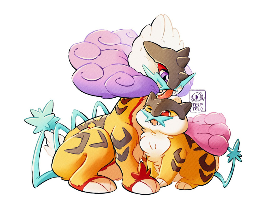 ;d artist_name fangs highres licking_another's_head looking_at_another no_humans one_eye_closed open_mouth pokemon pokemon_(creature) purple_eyes raging_bolt raikou red_eyes simple_background smile standing teletelo white_background