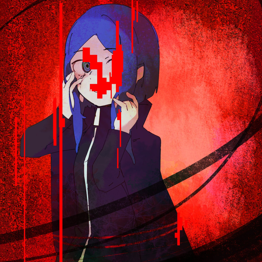 1other black_coat black_shirt black_tears blue_hair coat crazy_eyes crazy_smile glitch glitch_censor hand_in_own_hair hands_on_own_face highres library_of_ruina medium_hair open_clothes open_coat pale_skin porccu_200g project_moon red_background shirt sidelocks solo solo_focus the_bookhunter