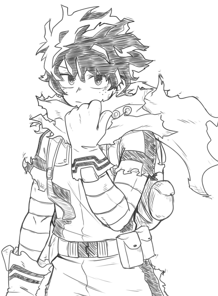 1boy absurdres backpack bag belt boku_no_hero_academia crosshatching dashi_(dashiart) expressionless eyebrows_hidden_by_hair freckles gloves greyscale hatching_(texture) highres male_focus midoriya_izuku monochrome pouch scarf solo torn_scarf upper_body