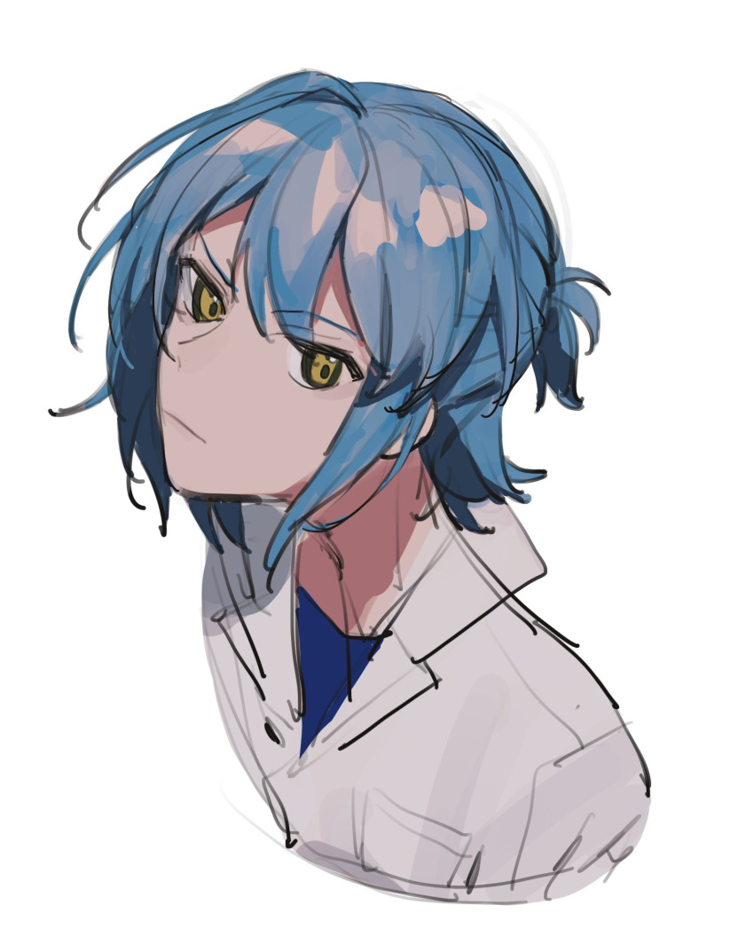 1boy blue_hair blue_shirt closed_mouth collared_shirt half_updo highres jacket light_blue_hair looking_at_viewer mahoutsukai_no_yakusoku male_focus nero_turner piza-chan shirt short_ponytail sketch solo white_background white_jacket yellow_eyes