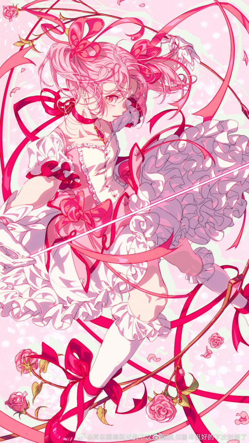 1girl absurdres arrow_(projectile) blush breasts dress frilled_dress frills gloves hair_ribbon highres holding holding_arrow kaname_madoka magical_girl mahou_shoujo_madoka_magica omedemidori open_mouth pink_dress pink_eyes pink_hair red_ribbon ribbon short_hair short_twintails solo soul_gem twintails white_gloves